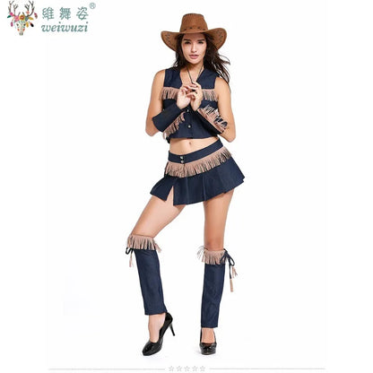 Carnaval Halloween Femme Sexy Costume de Cowgirl de l'Ouest Pionnière de la Prairie à Franges Tenue de Club Jeu de Rôle Cosplay Fête Déguisement