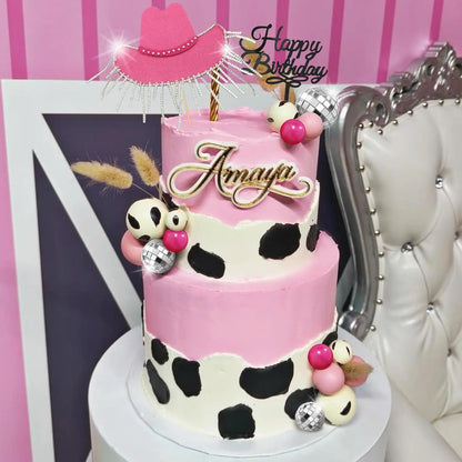 Hot Pink Cowgirl Cake Topper, Glitter Cowgirl Hat, Disco Balls for Western Theme Party, Birthday Party Supplies