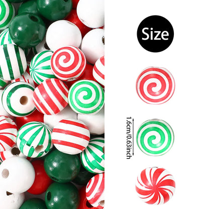 iYOE 20pcs 16mm Candy Pattern Red Green Stripes Solid Colored Spacer Wooden Beads for Jewelry Making Christmas Necklace Bracelet