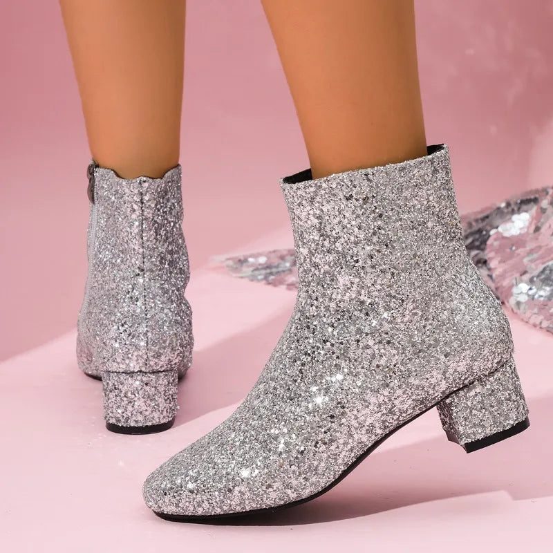 Bottes à paillettes et sequins pour femmes, avec fermeture éclair, talons épais, bottines à bout rond, chaussures de soirée pour femmes