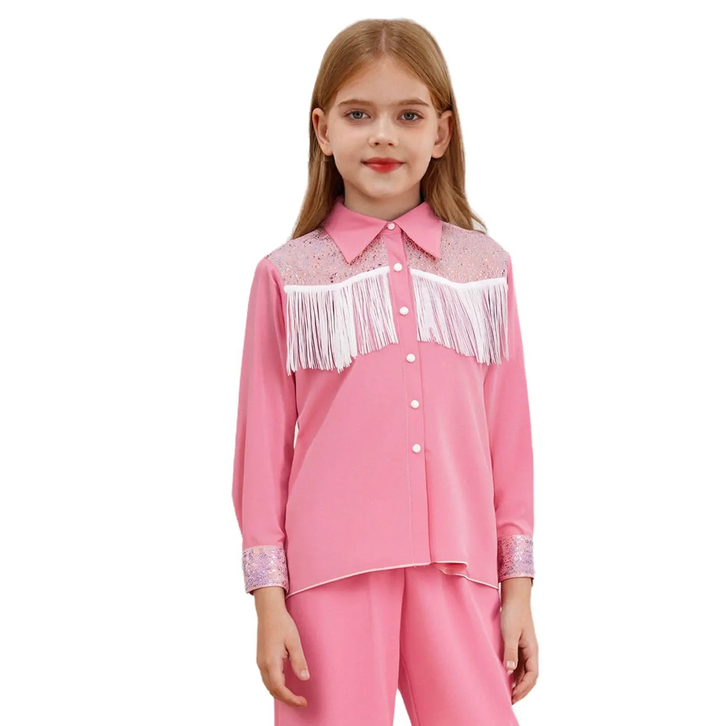 Enfants Filles Costume de Cowgirl Western Chemise à Manches Longues à Boutons Paillettes Franges Hauts Chemise Halloween Carnaval Cosplay Déguisement