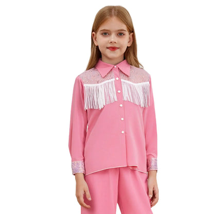 Enfants Filles Costume de Cowgirl Western Chemise à Manches Longues à Boutons Paillettes Franges Hauts Chemise Halloween Carnaval Cosplay Déguisement
