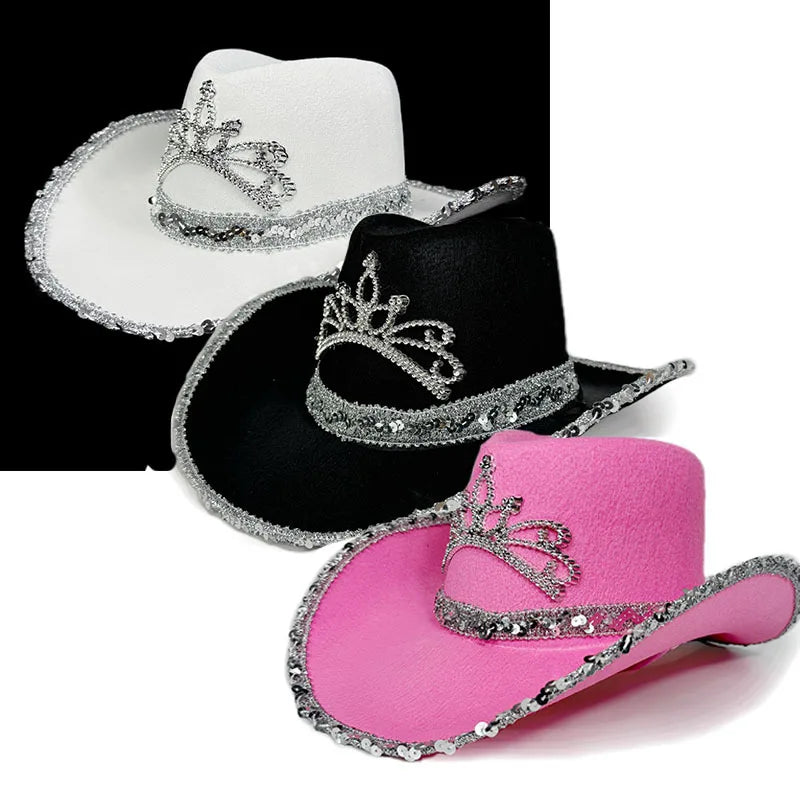 Chapeau de Cowboy Rose pour Femmes Filles Chapeau Western à Large Bord Chapeau à Paillettes Scintillantes pour Spectacle Costume de Cowgirl pour Fête de Mariage