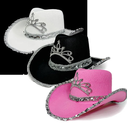 Chapeau de Cowboy Rose pour Femmes Filles Chapeau Western à Large Bord Chapeau à Paillettes Scintillantes pour Spectacle Costume de Cowgirl pour Fête de Mariage