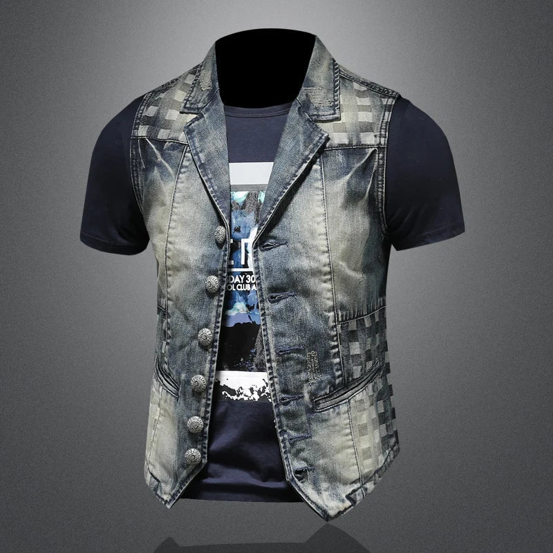 2024 Punk Embroidered Cowboy Waistcoat for Men Fashion Handsome Autumn New Personality Suit Collar Literary High Quality