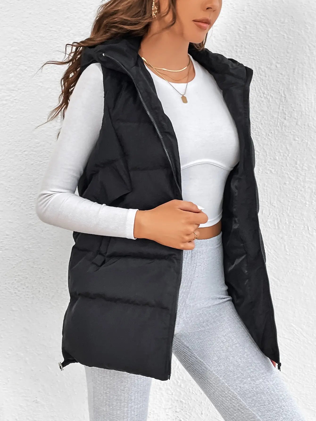 Cross-border Foreign Trade Europe and the United States Solid Color Cotton Jacket Hooded Long Zipper Cotton Vest Coat Female
