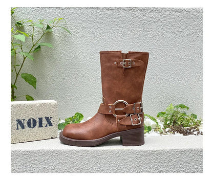 Designer Luxury Brand Retro Real Leather Brown Cropped Cowboy Boots Chunky Heel Sleeve Square Punk Style Botas Mujer Hot Selling