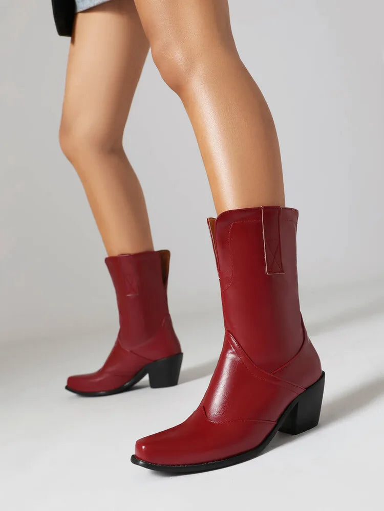 Bottes western rétro noires mi-mollet pour femme à talons épais gothiques, grandes tailles 34-48 777-11