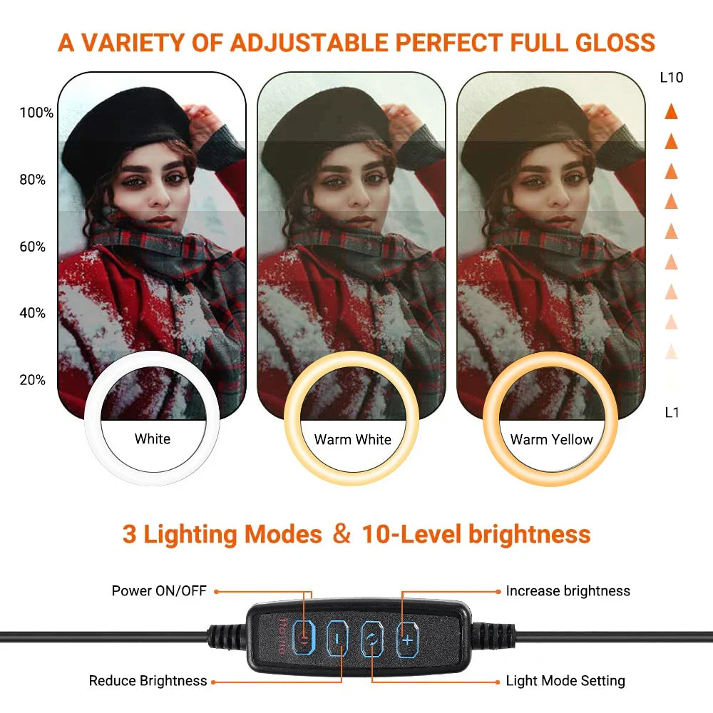 26cm (10") LED Selfie Ring Light, Photography Lighting Kit, USB Charging Lamp with Tripod for Live Video, 120 Beads
