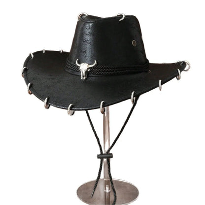 HongLuan – Chapeau de cowboy unisexe en cuir PU noir réglable, style occidental, idéal pour les voyages, avec badge tête de taureau, pour l'extérieur