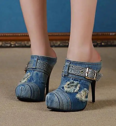 New high-heeled shoes waterproof Taiwan round head hollow out shoes heel strap cowboy fashion sexy sandals, slippers
