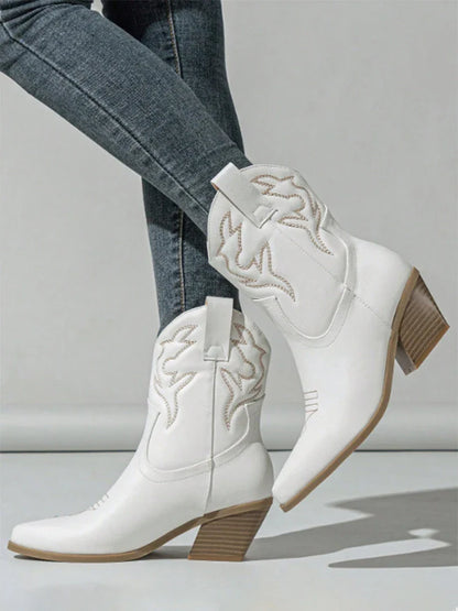 Aneikeh Autumn Winter Vintage Embroidered Large Western Cowboy Boots New Style Coarse Heel Pointed Ankle Barrel Knight Boots