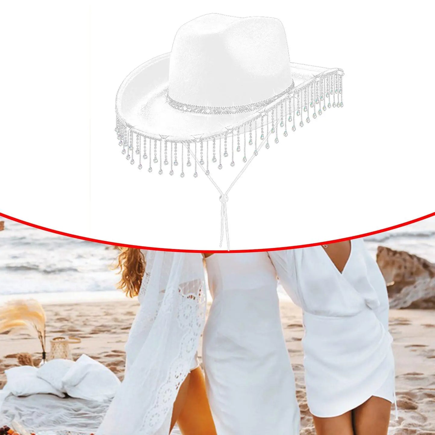 Chapeau de cowboy à large bord avec franges en strass pour femme, accessoire de fête, de cosplay, pour les fêtes, les spectacles en plein air
