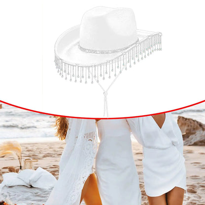 Chapeau de cowboy à large bord avec franges en strass pour femme, accessoire de fête, de cosplay, pour les fêtes, les spectacles en plein air