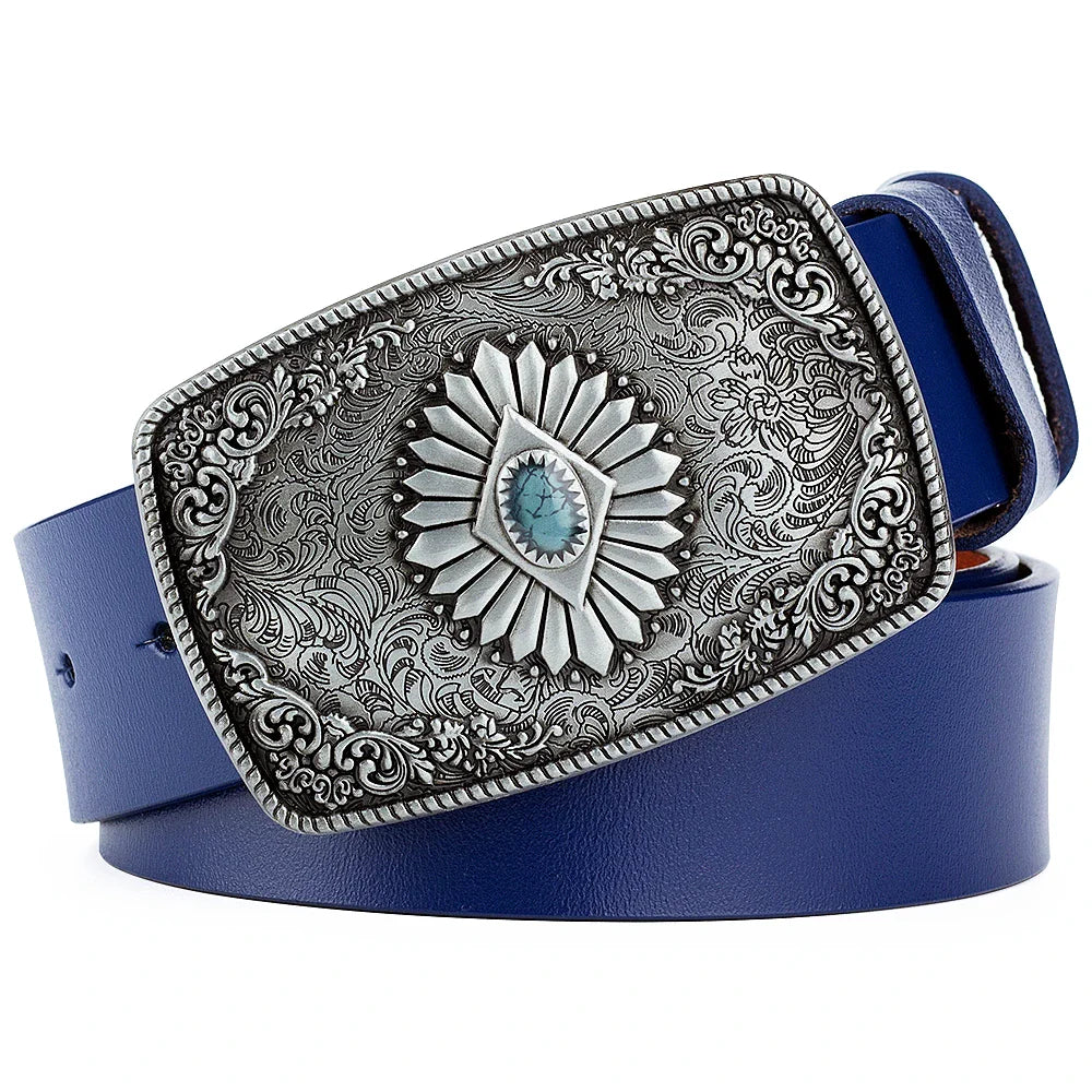 Ceinture classique en cuir véritable avec boucle émail saphir et motif floral sculpté en argent pour femmes et hommes, cadeau