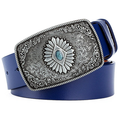 Ceinture classique en cuir véritable avec boucle émail saphir et motif floral sculpté en argent pour femmes et hommes, cadeau