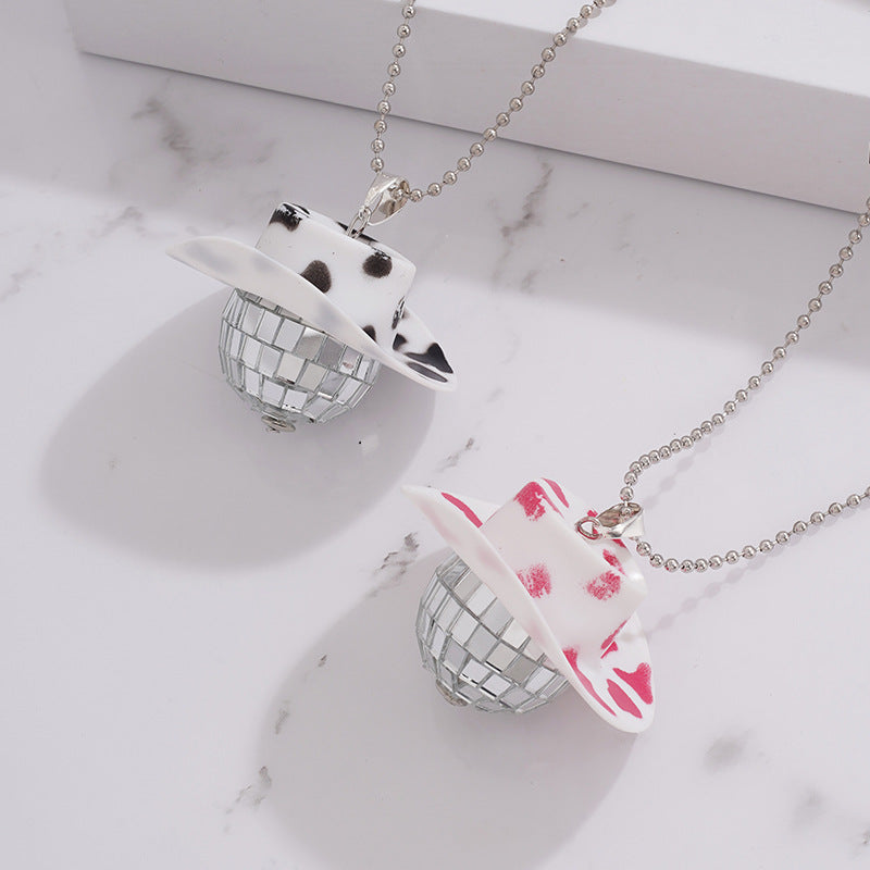 1Pcs Pink Cowgirl Cowboy Hat Disco Ball Neckalace 80s Silver Mirror Balls Pendant for Wedding Birthday Party Favors Decoration