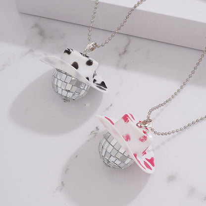 1Pcs Pink Cowgirl Cowboy Hat Disco Ball Neckalace 80s Silver Mirror Balls Pendant for Wedding Birthday Party Favors Decoration