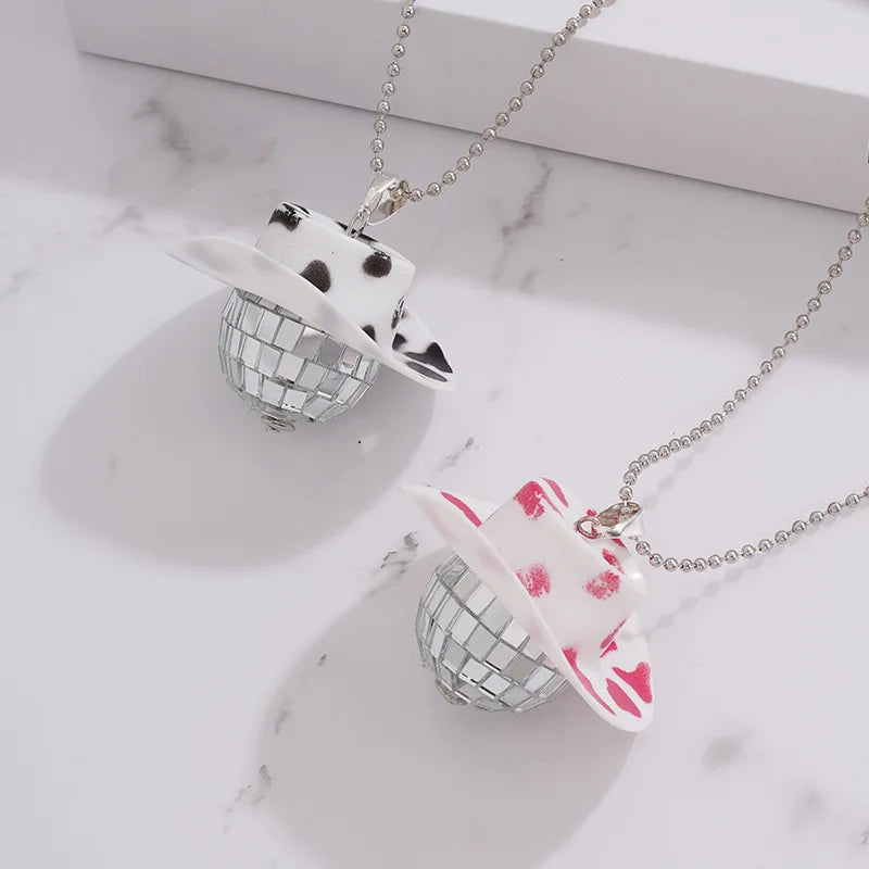 1Pcs Pink Cowgirl Cowboy Hat Disco Ball Neckalace 80s Silver Mirror Balls Pendant for Wedding Birthday Party Favors Decoration
