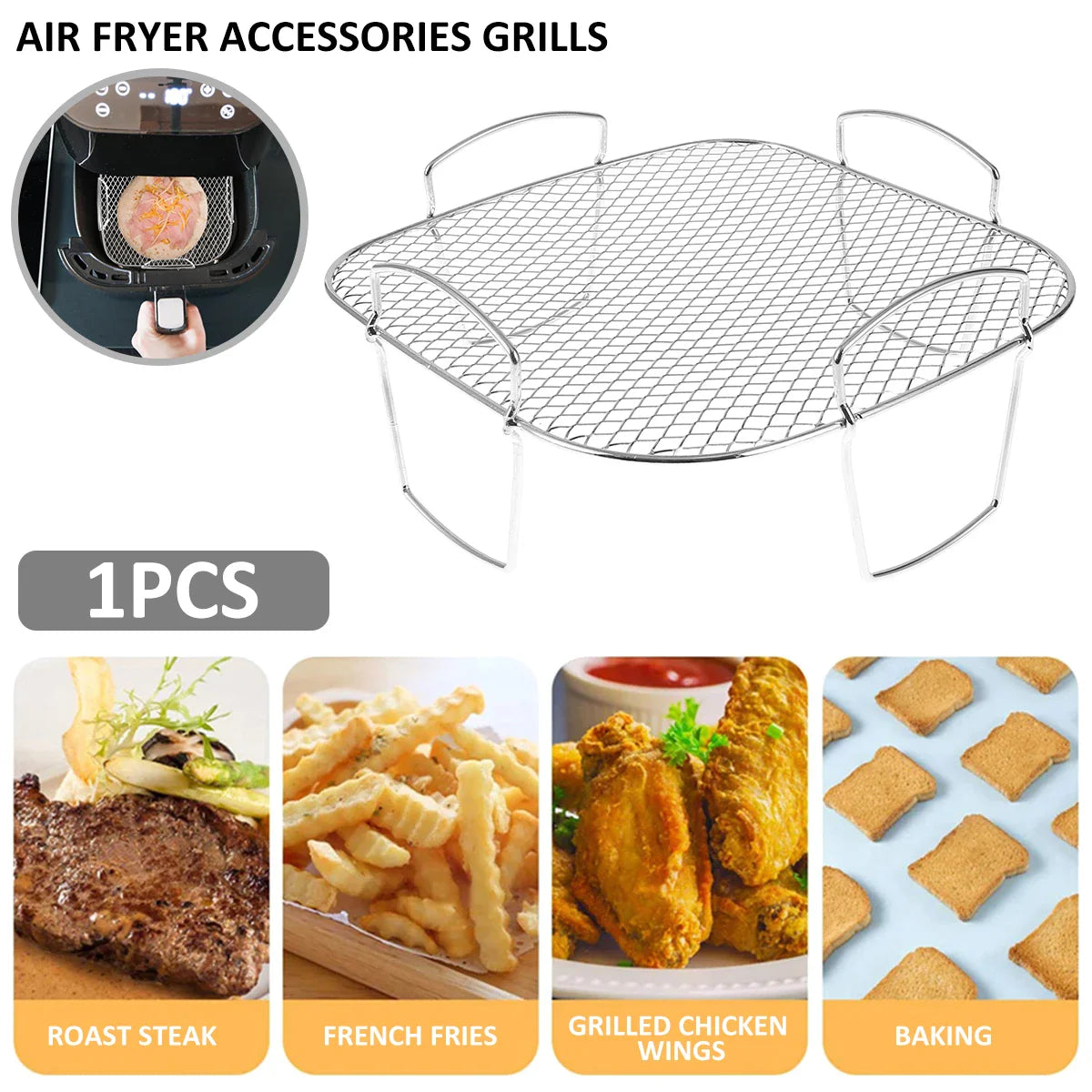Air Fryer Rack Grilling Rack Stainless Steel Multi-Layer Stackable Cooking Rack Toast BBQ Rack Basket Tray Air Fryer Accessories