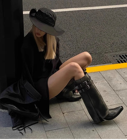 Autumn Cowboy Boots For Women Fashion Slip On Long Pipe Boots Female Square High Heel Trend Winter Footwear