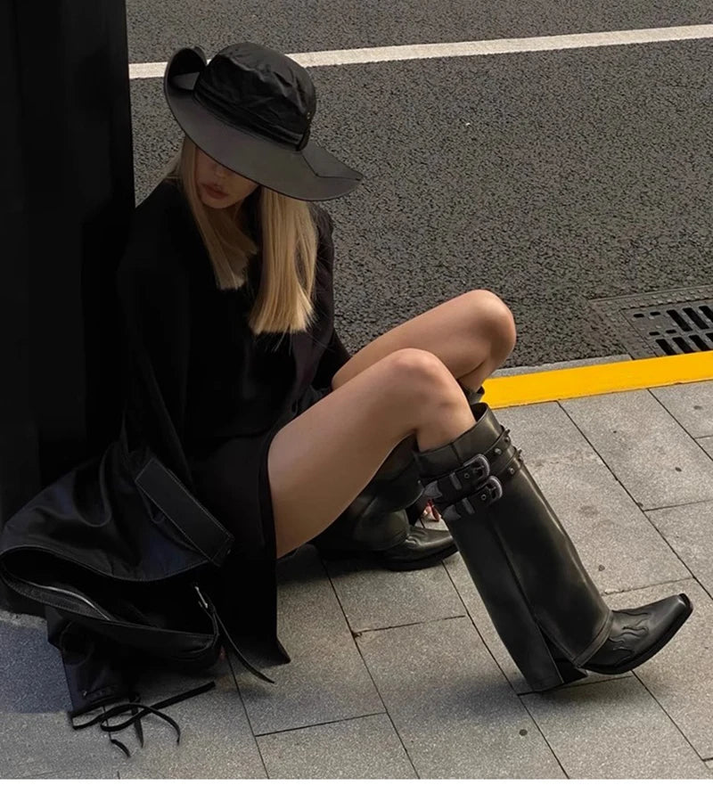 Autumn Cowboy Boots For Women Fashion Slip On Long Pipe Boots Female Square High Heel Trend Winter Footwear