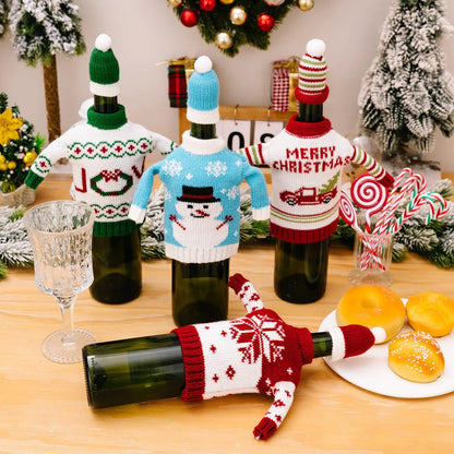 Ensemble de bouteilles de vin de noël tricotées créatives, couvre-bouteille de vin, manches, bonhomme de neige du père noël, nouvel an, décor de Table à dîner