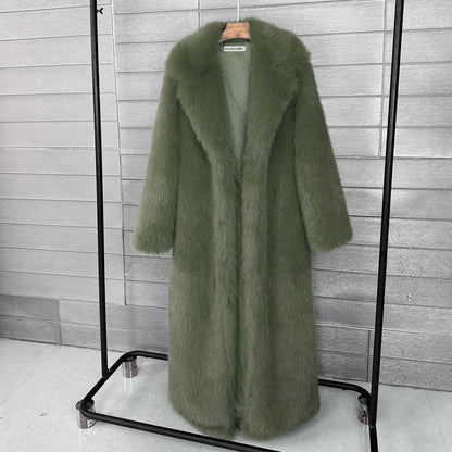 Manteau long en fausse fourrure pour femmes, automne hiver, grande taille, col rabattu blanc, poches, épais et chaud, manteau long maxi