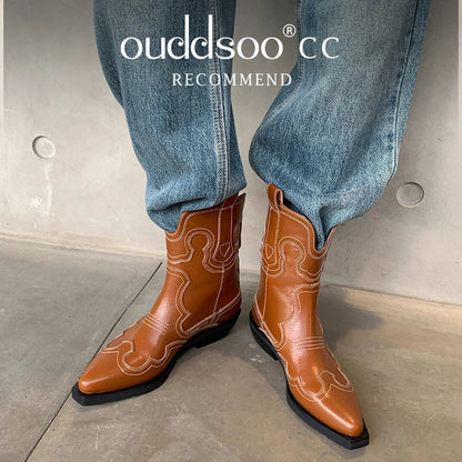 Ods Cowboy Western Boots For Women Real Leather Embroidered Pointed Toe Mid-calf Western Boot Retro Fashion Casual High Quality
