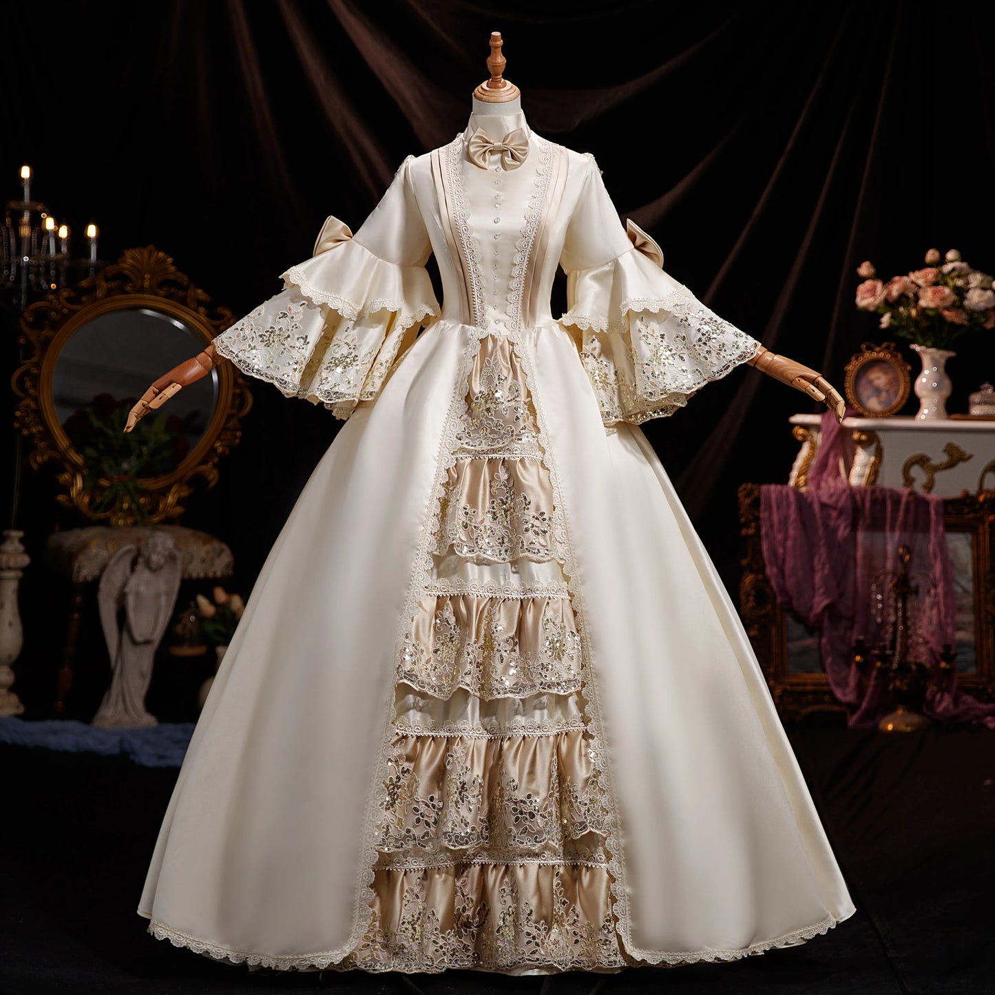 Robe de bal Marie-Antoinette géorgienne en satin, robe de soirée victorienne pour femme