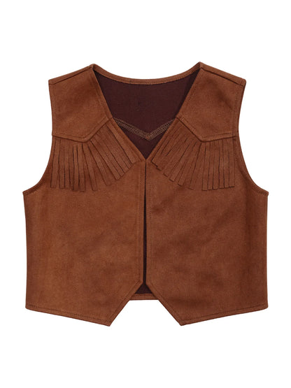 Kids Boys Western Cowboy Cowgirl Cosplay Costume Open Front Waistcoat Vest Pointed Hem Fringe Decor Tassel Jacket for Party