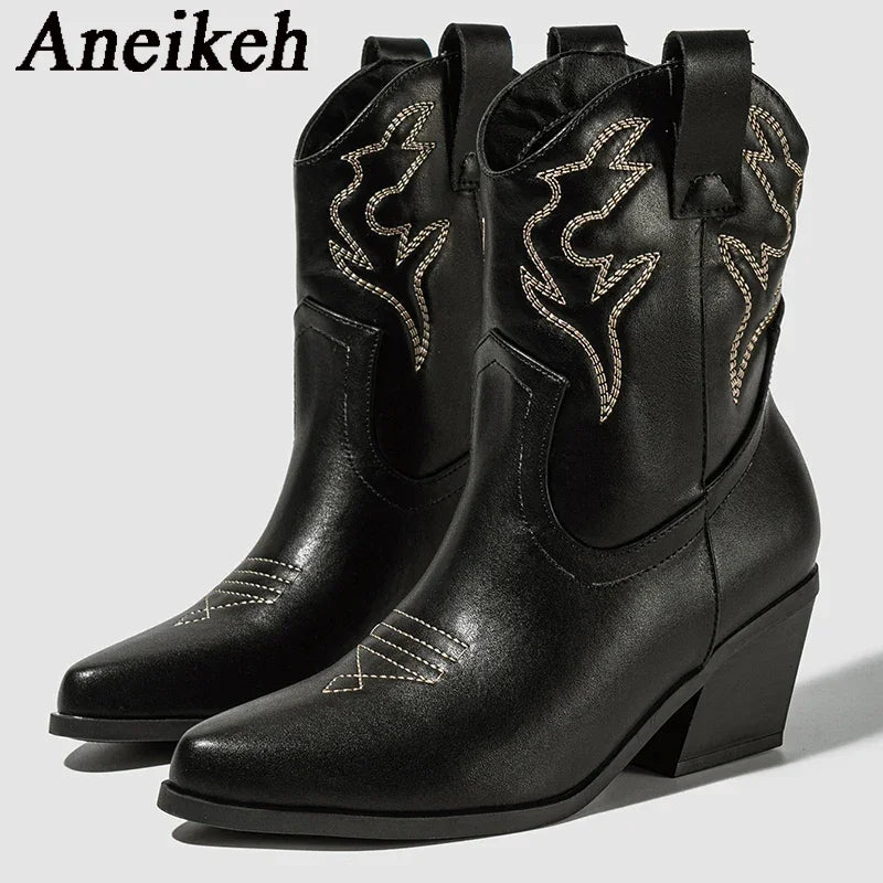 Aneikeh Autumn Winter Vintage Embroidered Large Western Cowboy Boots New Style Coarse Heel Pointed Ankle Barrel Knight Boots
