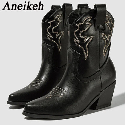 Aneikeh Autumn Winter Vintage Embroidered Large Western Cowboy Boots New Style Coarse Heel Pointed Ankle Barrel Knight Boots