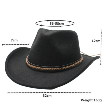 Chapeaux de cowboy classiques pour femmes et hommes, chapeaux de cowgirl rétro en feutre à large bord avec bande décorative