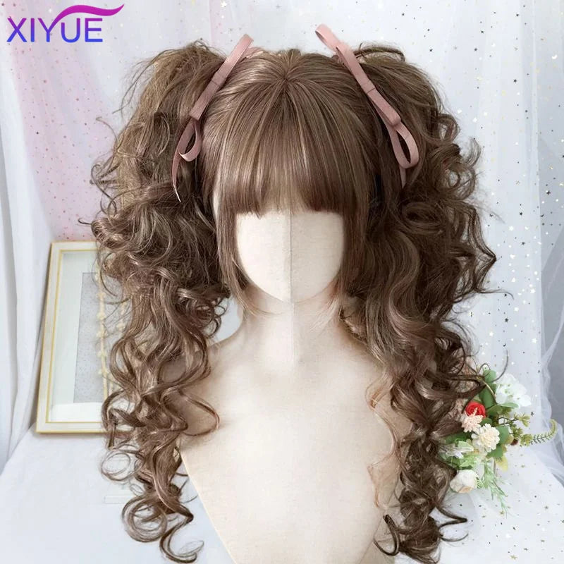 Perruque Lolita synthétique coupe princesse avec double queue de cheval et frange pour fille, couleurs ombrées blond marron blanc gris, pour Cosplay Halloween Harajuku
