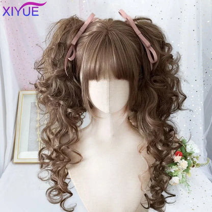 Perruque Lolita synthétique coupe princesse avec double queue de cheval et frange pour fille, couleurs ombrées blond marron blanc gris, pour Cosplay Halloween Harajuku