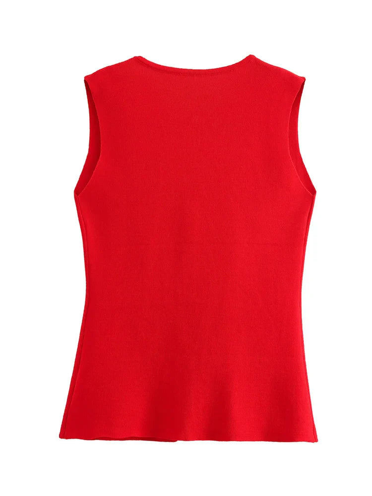 Zevity New Women Fashion V Neck Sleeveless Golden Buttons Knitted Vest Sweater Female Chic Solid Color Slim Cardigan Tops LS6273