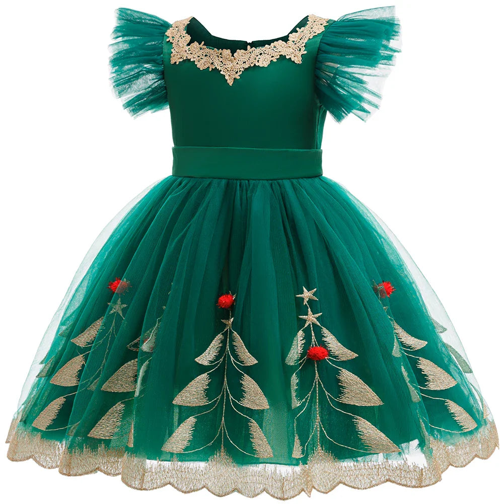 Robe de Princesse Fille Soirée Noël Enfant Broderie Elfe Élégante Manche Volantée Robe de Fête d'Anniversaire