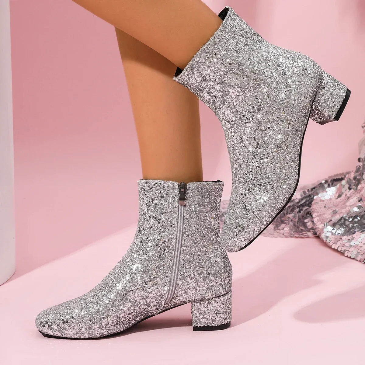 Bottes pour femmes 2024 Nouvelle mode Paillettes Bout rond Bottines femmes Automne Hiver Soirée Talons épais Chaussures pour femmes Botas De Mujer
