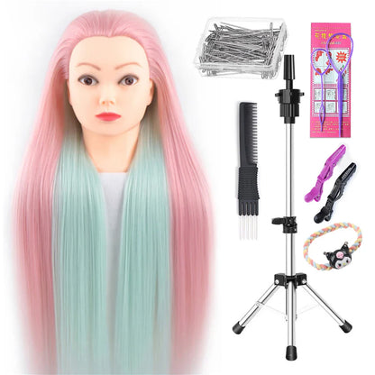 Tête de mannequin à cheveux longs synthétiques avec support de trépied de perruque réglable Modèle avec tête de mannequin Formation de coiffeur coiffant