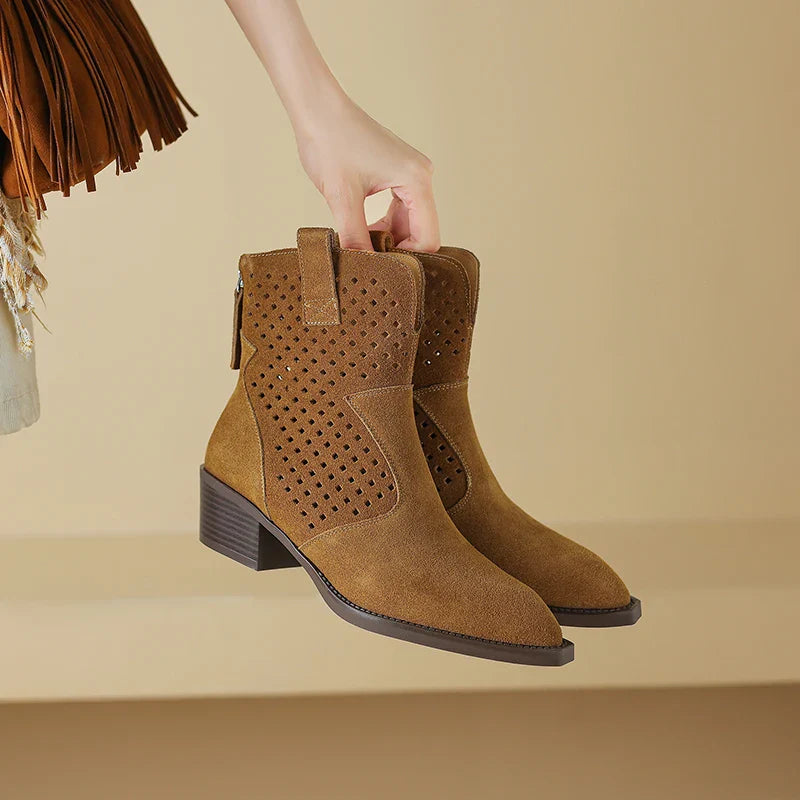 2025 Spring Autumn Chelsea Boots for Woman Cow Suede Pointy Toe Wedge Heel Ankle Boots Cutouts Comfortable Cowboy Boots Female
