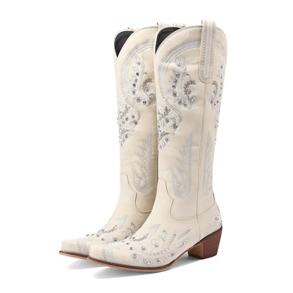 Bottes de cowboy occidentales au genou pour femmes, broderie de fleurs, biscuits, blanc, marron, rond, Parker, talons hauts, rétro, bottes longues de cowgirl
