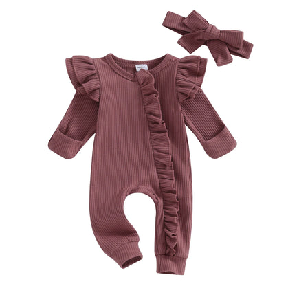 FOCUSNORM 0-12M Autumn Infant Baby Girls Boys Jumpsuit 2pcs Solid Color Round Neck Ruffles Long Flying Sleeve Zipper Jumpsuits
