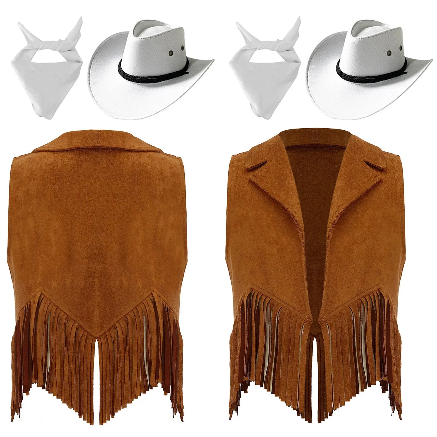 Girls Western Cowboy Cowgirl Cosplay Costume Open Front Retro Suede Tassels Vest with Bandana Scarf Hat for Halloween Carnival