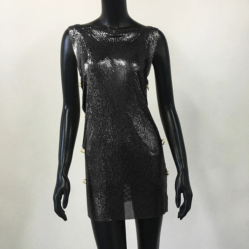Shiny Y2k Metallic Sequins Mini Dresses For Women Sleeveless Backless Sexy Low Cut See Through Sexy Solid Clubwear Party Dress
