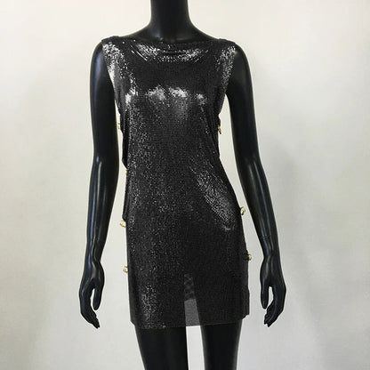 Shiny Y2k Metallic Sequins Mini Dresses For Women Sleeveless Backless Sexy Low Cut See Through Sexy Solid Clubwear Party Dress