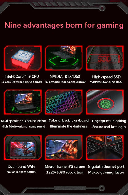 16.1 Inch Gaming Laptop Computer RTX4050 6G Intel Core i9-13900H i5-12450H windows11 por Max 64GB 2*DDR5 2*M.2 NVME 4TB SSD WiFi