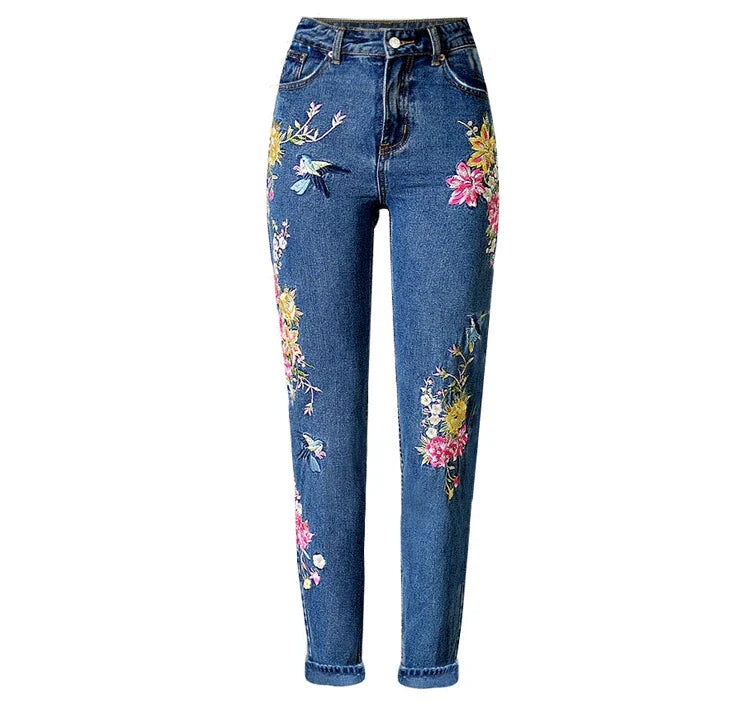 2023 Women Chic Floral Embroidered High Waist Jeans Straight Full Pants Fashion Streetwear Korean Style Cotton Denim Trousers