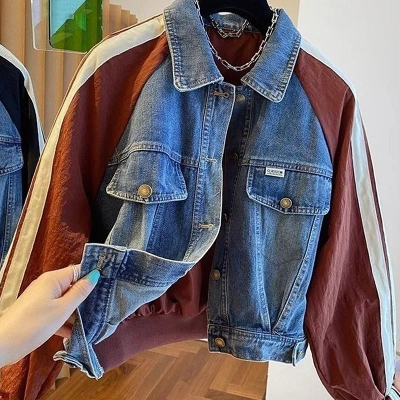 2025 Spring Autumn Short Baseball Jacket Loose Fitting Cowboy Women Outerwear European Fashion Splicing Together Denim Lady Coat
