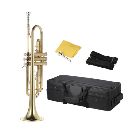 Trompette Bb B plat en laiton peint en or, Instrument de musique exquis et Durable avec Valve d'embout, gants à huile, étui à sangle, trompette Bb